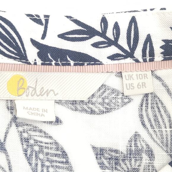 Boden Addie Linen Midi Dress US6R Blue Bird Floral Belt Pocket Block Resort Boho - Picture 12 of 16